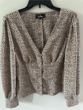 Lulus Sweet Spot Taupe Cheetah Print Long Sleeve Button Up Blouse Size L